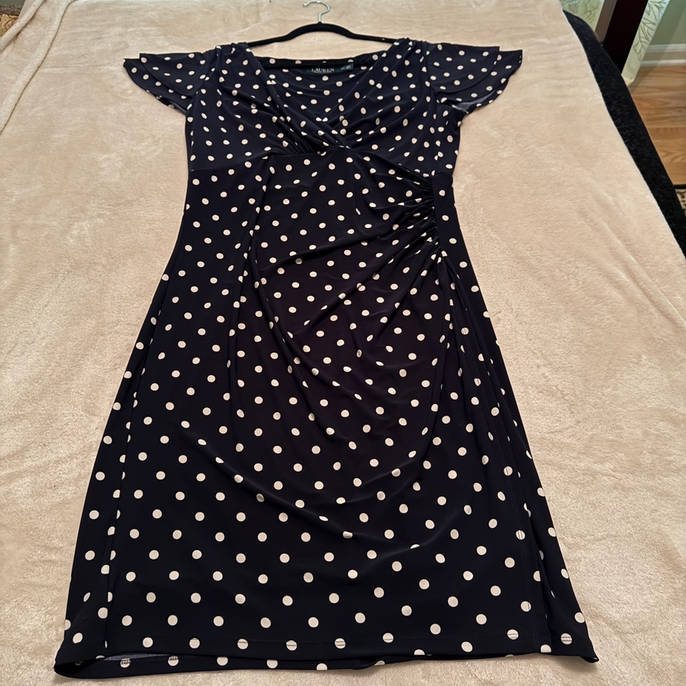 Ralph Lauren Navy and White Polka Dot Midi Dress